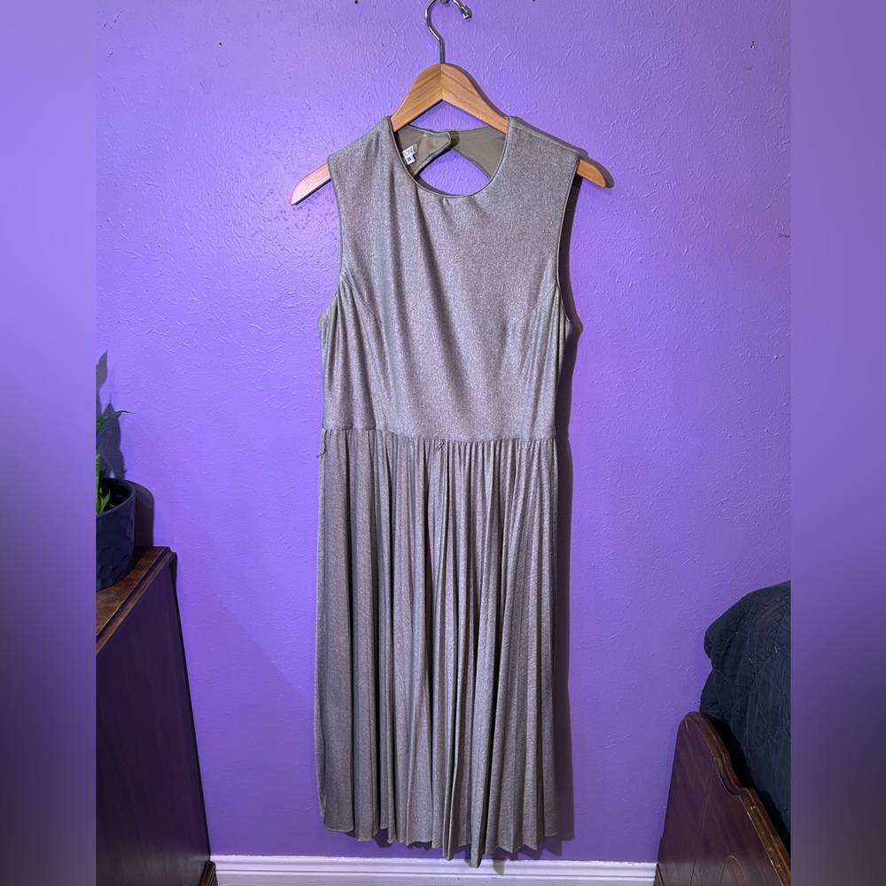 Maggy London Metallic Taupe Open Back Dress With Belt